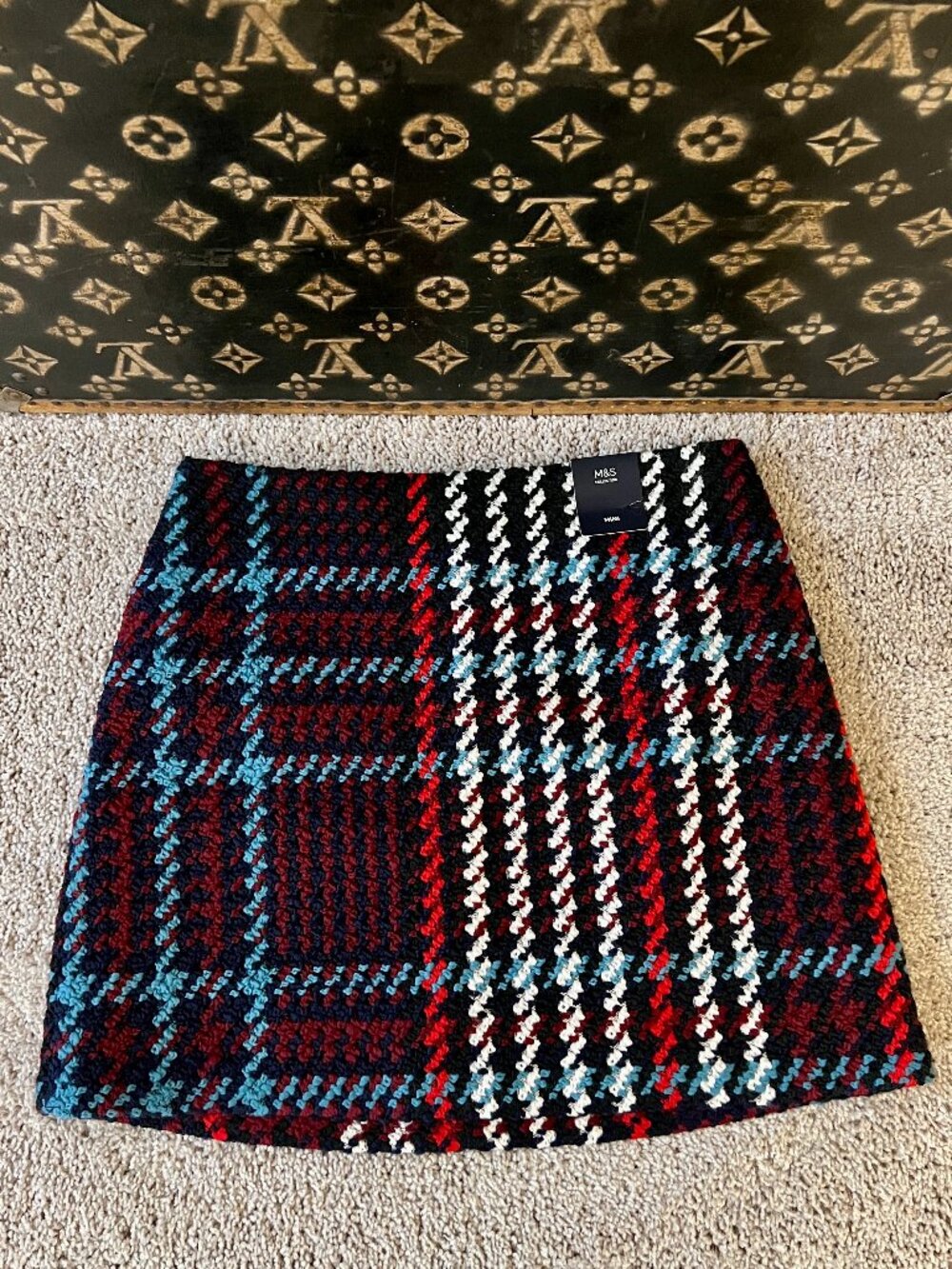 Marks & Spencers M&S Collection Tweed Plaid Mini Skirt Black Blue Red, NEW